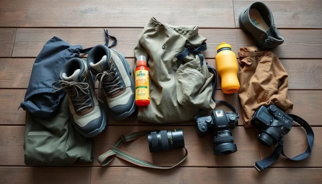 Traveler preparing equipment for Kutai National Park jungle trek