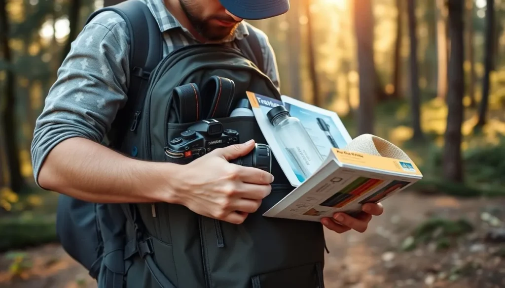 Traveler preparing equipment for a day hike in Zombitse-Vohibasia National Park