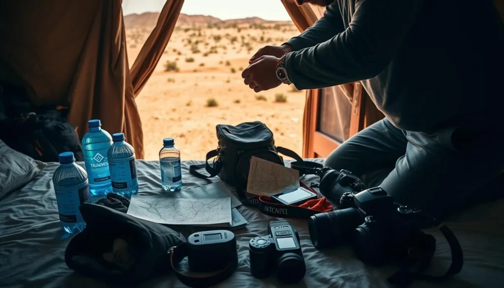 Traveler preparing equipment for a day of exploration in Sanghr Jabbess National Park