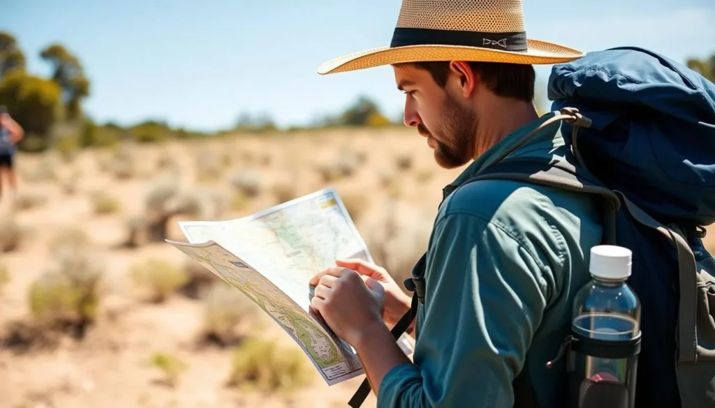 Traveler preparing for a day of exploration in Emerald Town with map and supplies Traveler preparing for a day of exploration in Emerald Town with map and supplies