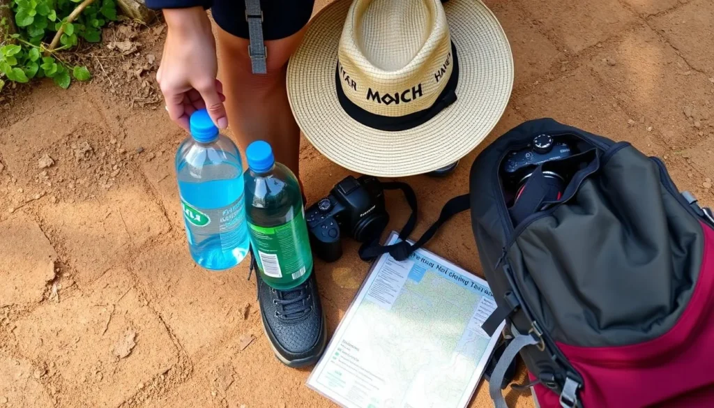 Traveler preparing for a hike in Phou Xieng Thong National Protected Area with proper gear