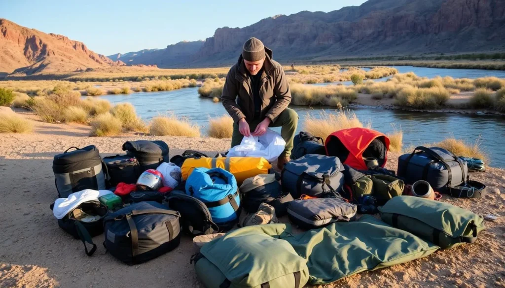 Traveler preparing gear for a Rio Grande Wild and Scenic River expedition Traveler preparing gear for a Rio Grande Wild and Scenic River expedition