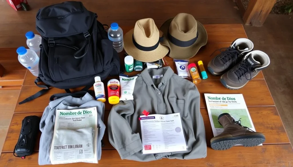 Traveler preparing hiking gear for Nombre de Dios National Park