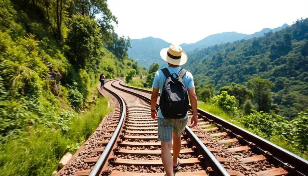 Traveler walking along the railway tracks near Ella with backpack and hat