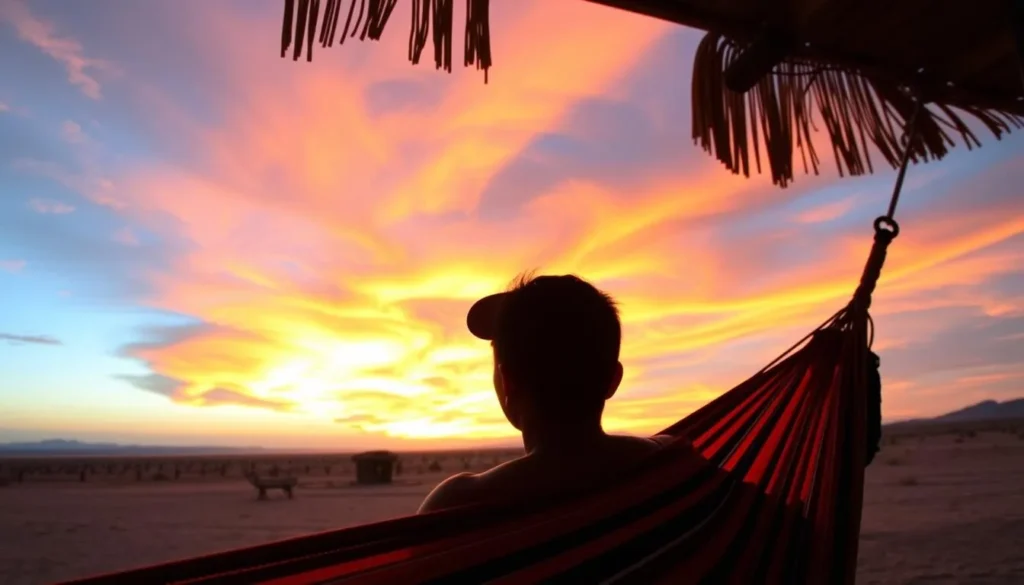 Traveler watching sunset from hammock in La Guajira Peninsula