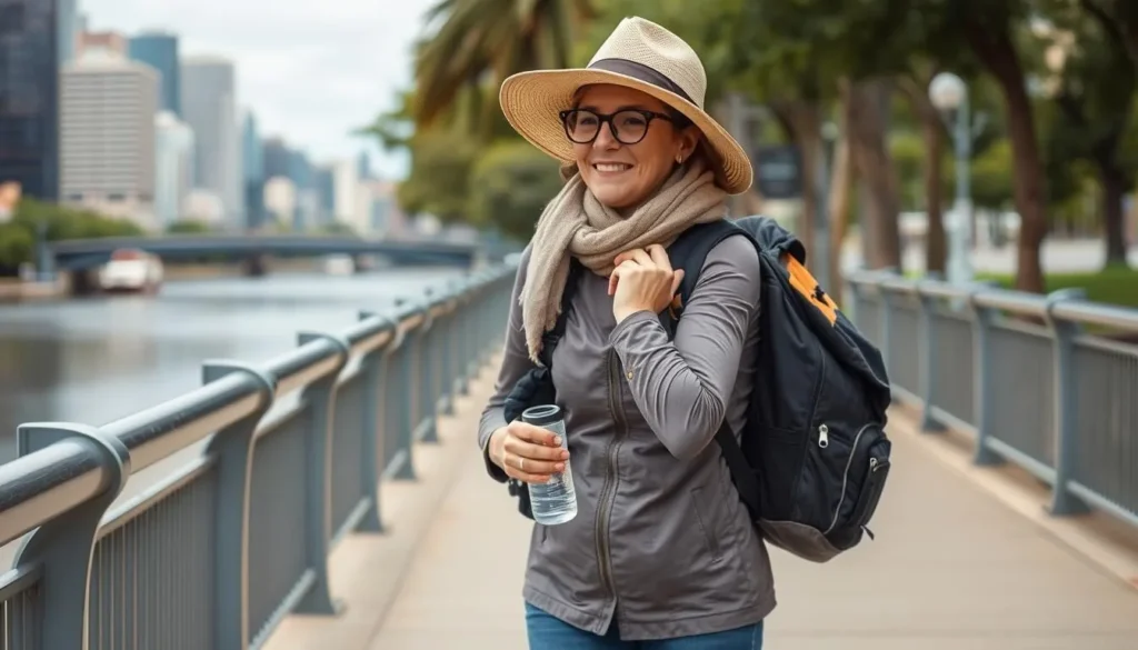 Traveler with appropriate clothing and gear for Brisbane's weather, demonstrating preparation for Brisbane Queensland best months for a weather-savvy trip