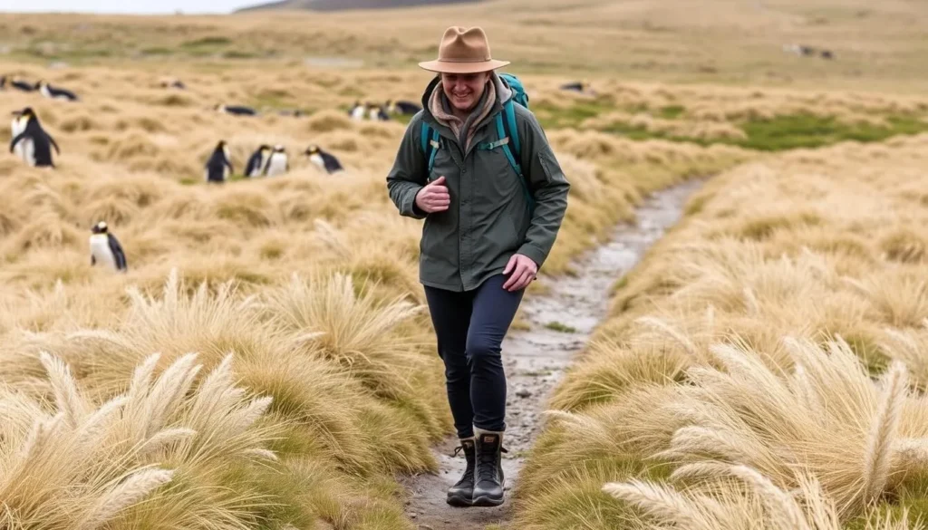 Traveler with appropriate gear walking on Sea Lion Island with wildlife in background