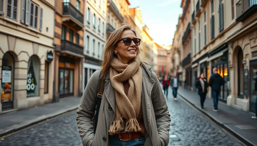 Traveler with appropriate seasonal clothing walking through Vieux Lyon