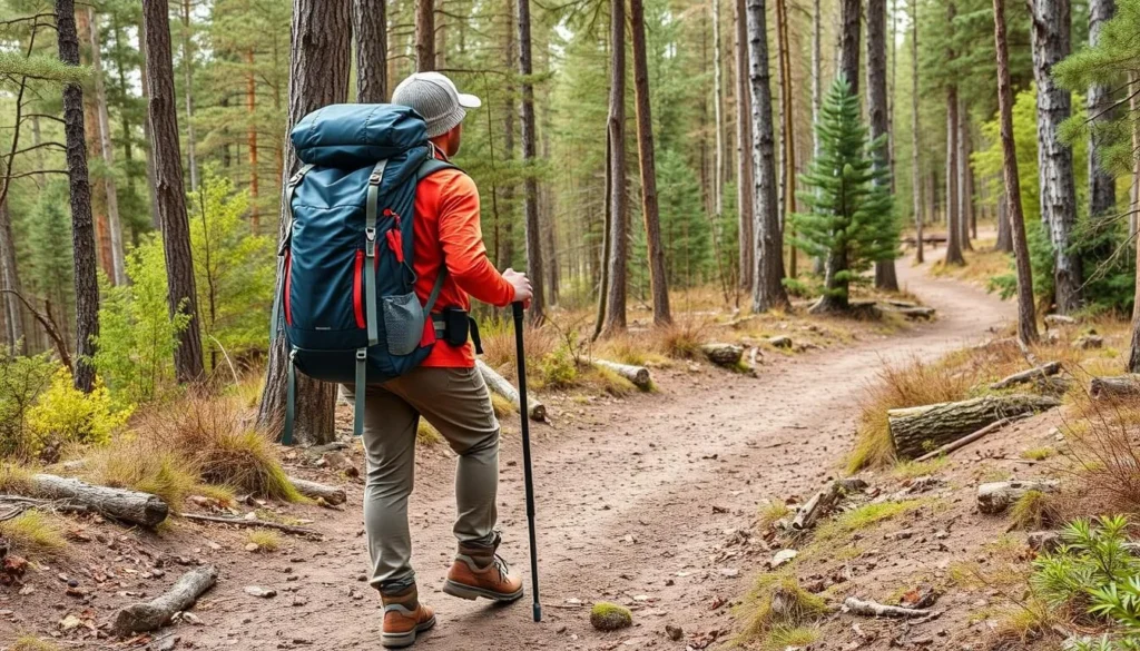 Traveler with backpack and hiking gear in Koygorodsky National Park