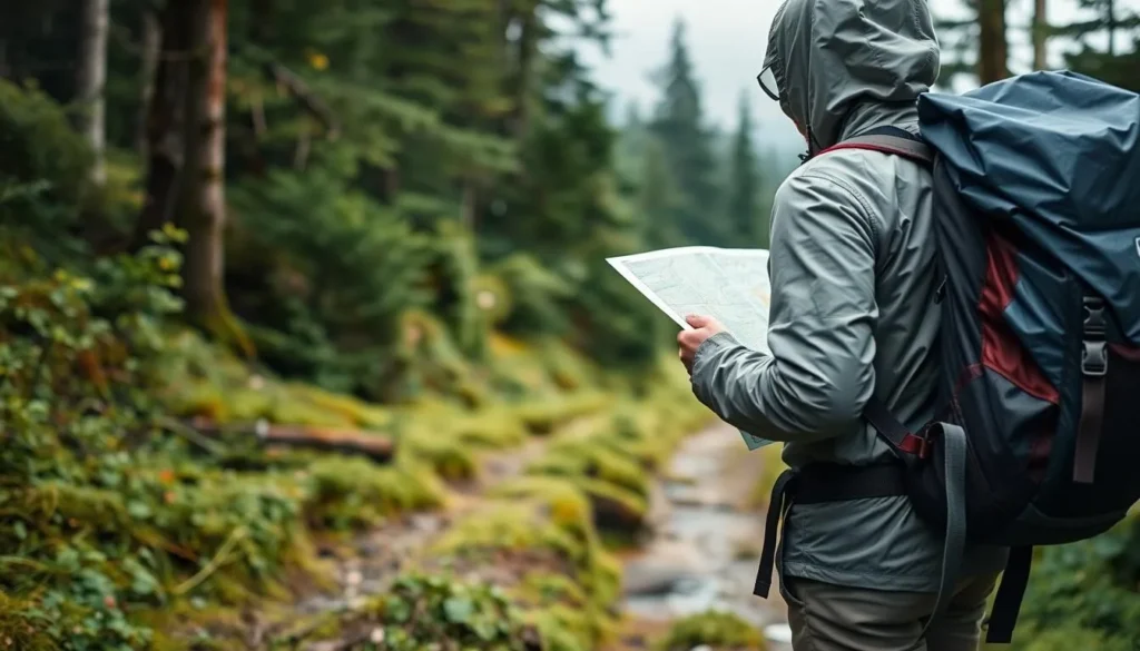 Traveler with backpack and hiking gear preparing for Stewart Island adventure Traveler with backpack and hiking gear preparing for Stewart Island adventure