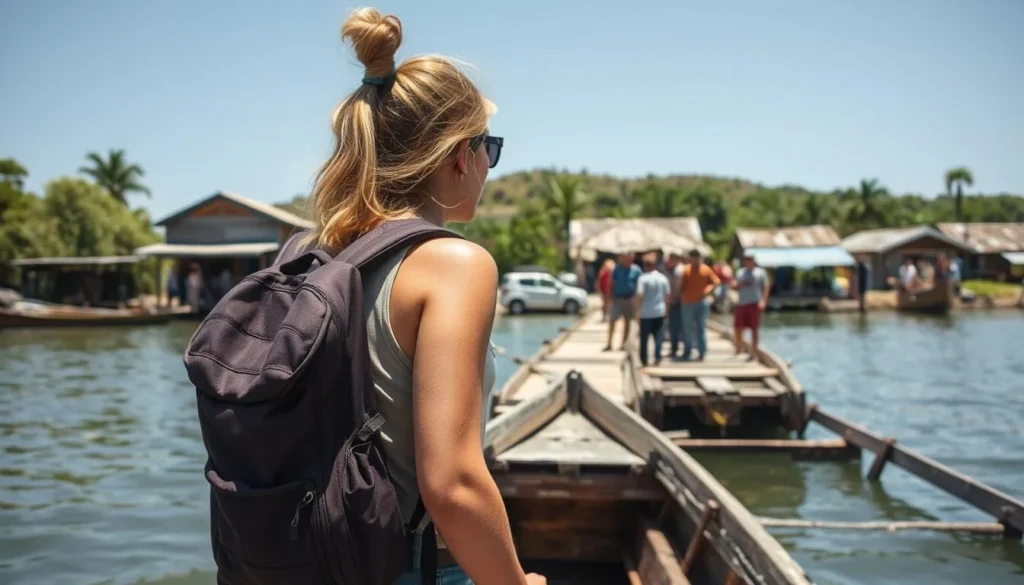 Traveler with backpack arriving by boat to Chacahua village