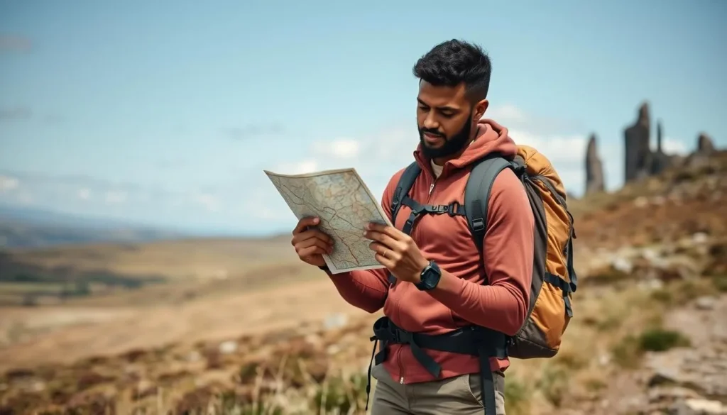 Traveler with backpack checking a map while hiking in Dartmoor Traveler with backpack checking a map while hiking in Dartmoor