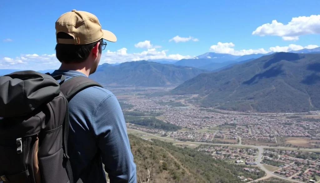 Traveler with backpack enjoying the view from a Samaipata viewpoint overlooking the town and mountains