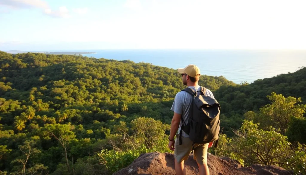 Traveler with backpack enjoying view from Port Royal National Park