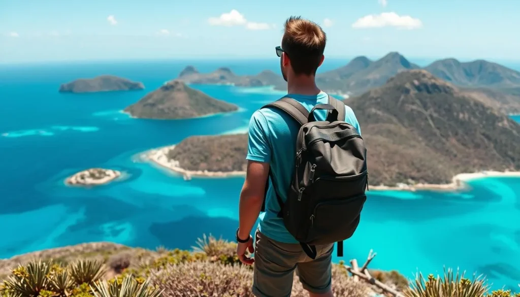 Traveler with backpack enjoying view from Salt Island's highest point