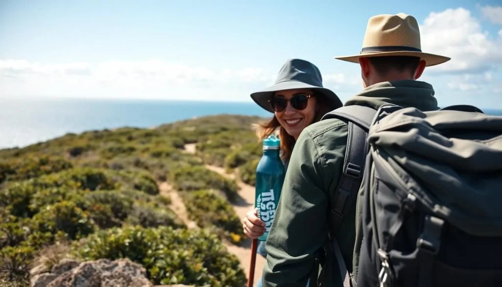 Traveler with backpack hiking on Monhegan Island trail with proper gear and water bottle Traveler with backpack hiking on Monhegan Island trail with proper gear and water bottle