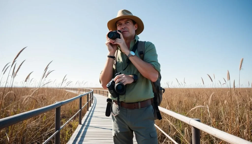 Traveler with binoculars and camera on boardwalk trail in Ibera wetlands