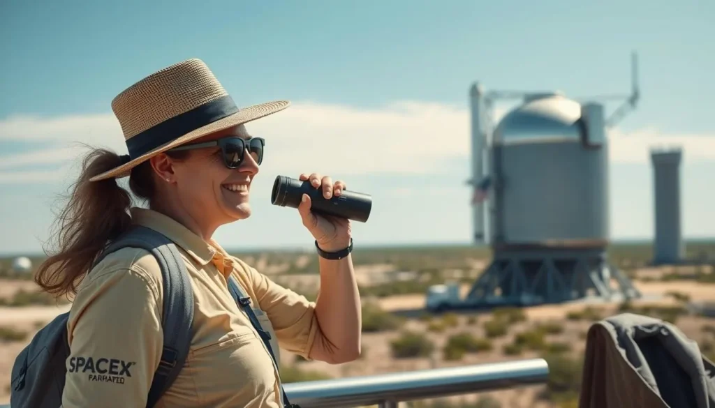 Traveler with binoculars watching SpaceX activities at Starbase Texas
