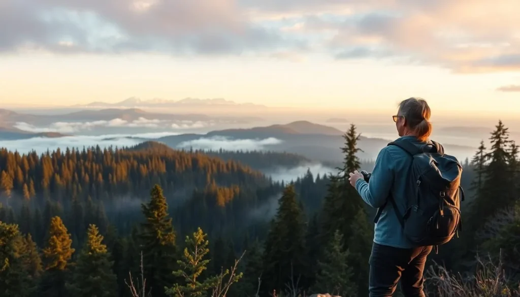 Traveler with camera and backpack looking out over a misty Great Bear Rainforest landscape