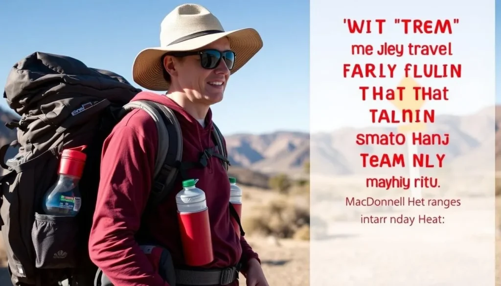 Traveler with hiking gear and water bottles preparing for a hike in the Macdonnell Ranges