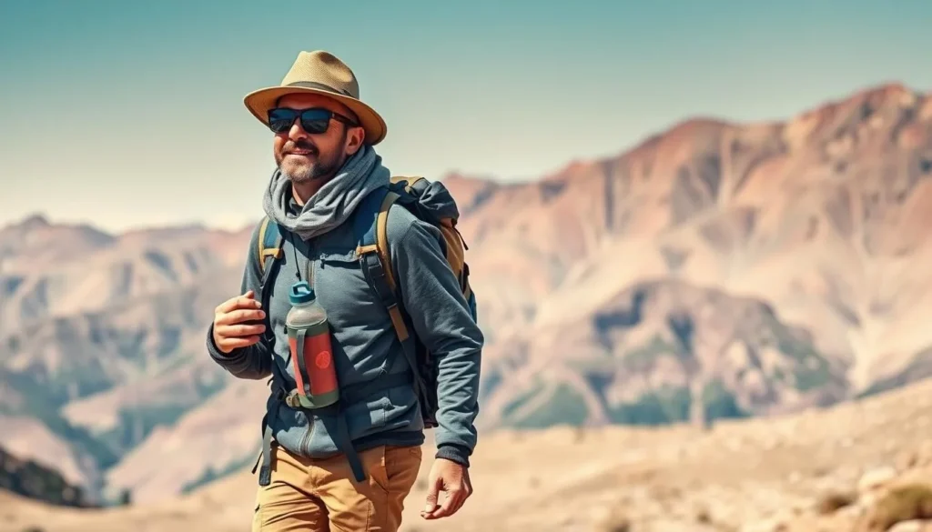 Traveler with proper gear hiking in the mountains around Humahuaca