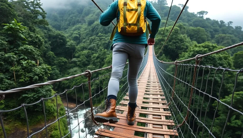 Traveler with proper hiking gear crossing a suspension bridge in Cocora Valley Traveler with proper hiking gear crossing a suspension bridge in Cocora Valley