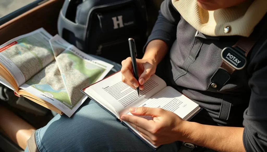 Traveler writing in journal while planning Kutai National Park itinerary
