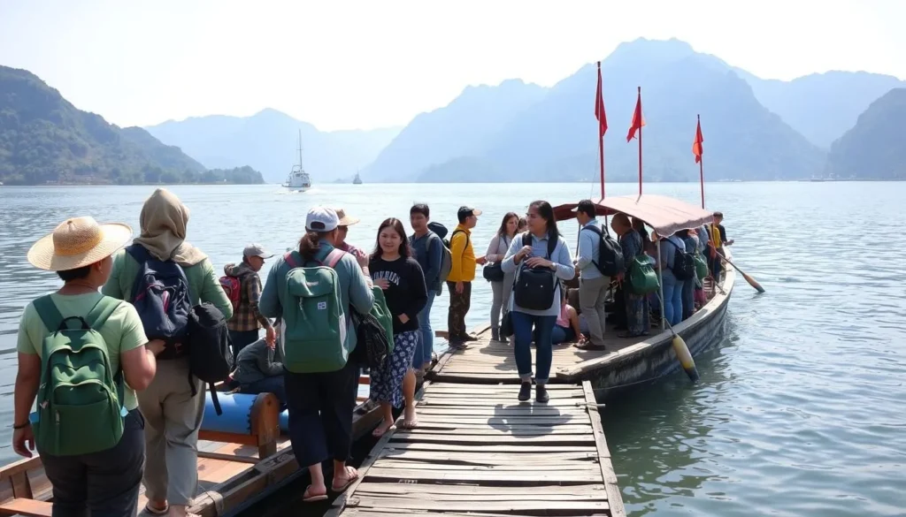 Travelers arriving at Nam Song Reservoir by boat with local guides