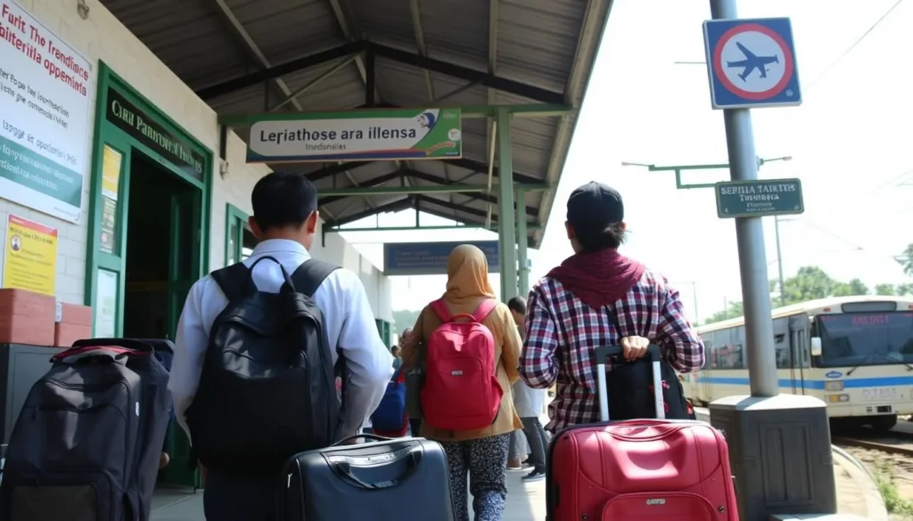 Travelers arriving at a transportation hub in Cimaha, Indonesia with luggage