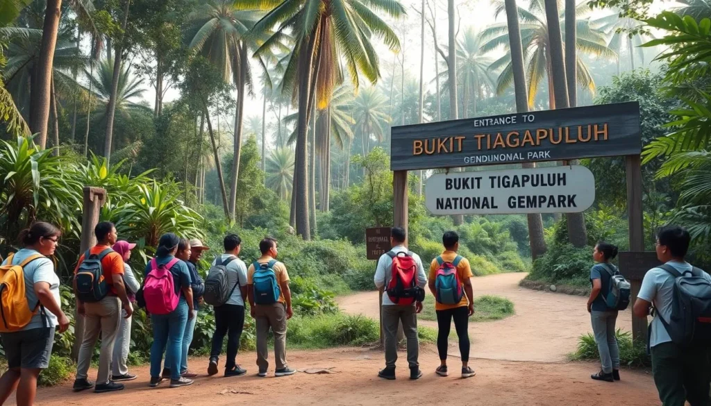 Travelers arriving at the entrance to Bukit Tigapuluh National Park with backpacks and trekking gear Travelers arriving at the entrance to Bukit Tigapuluh National Park with backpacks and trekking gear