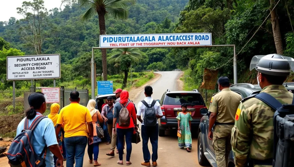 Travelers at a security checkpoint at the base of Pidurutalagala access road