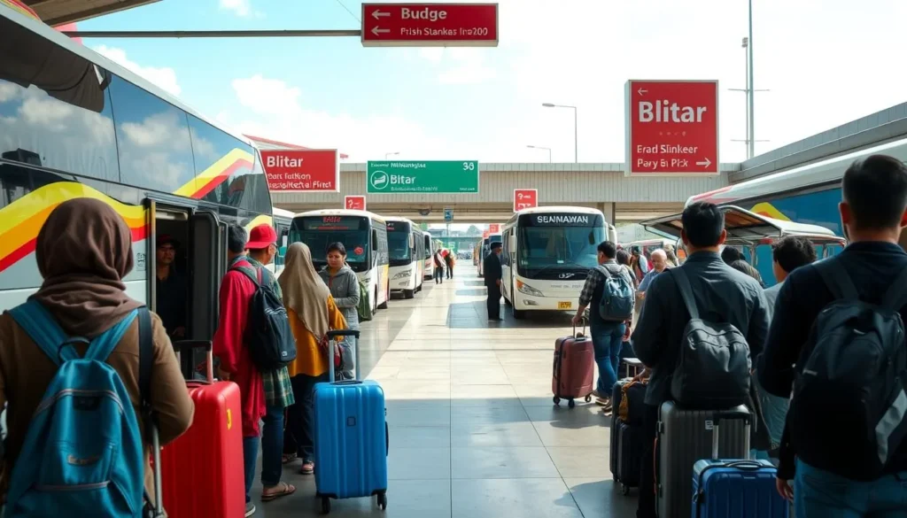 Travelers at a transportation hub in East Java preparing to journey to Blitar, showing buses and other transport options