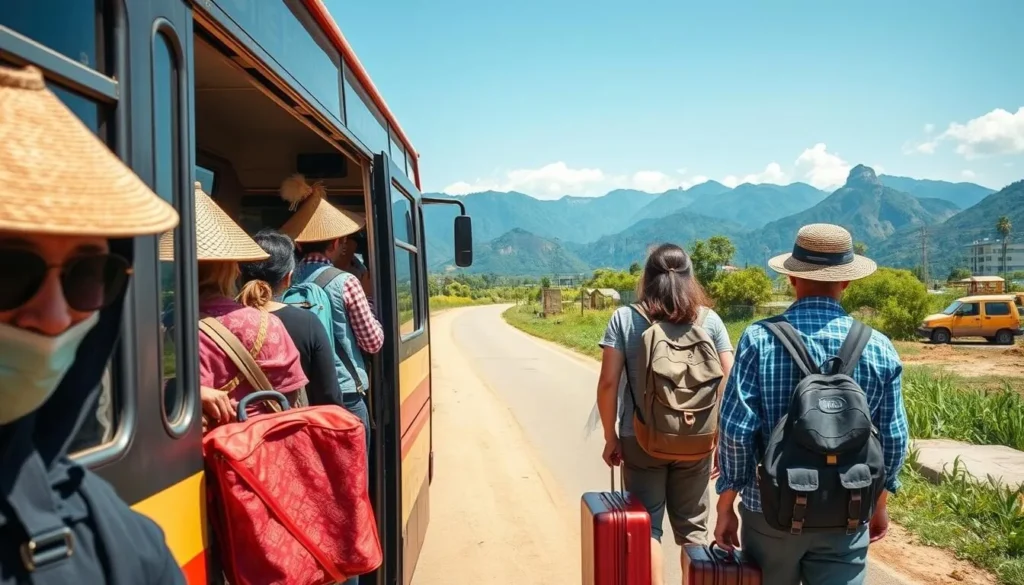 Travelers boarding a local bus heading to Phou Luang Massif region in Laos