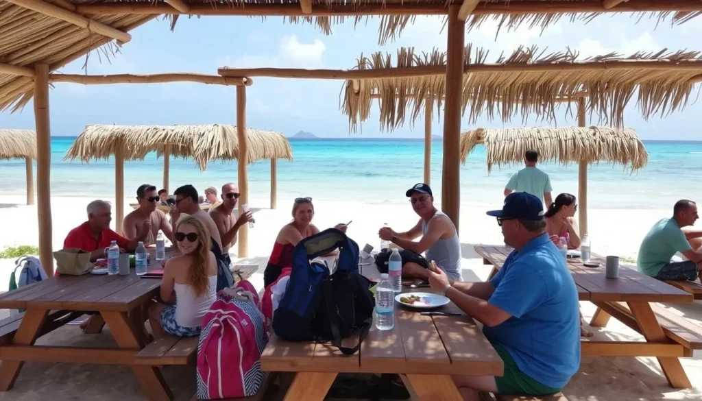 Travelers enjoying a picnic at the shaded gazebos near Pelican Beach