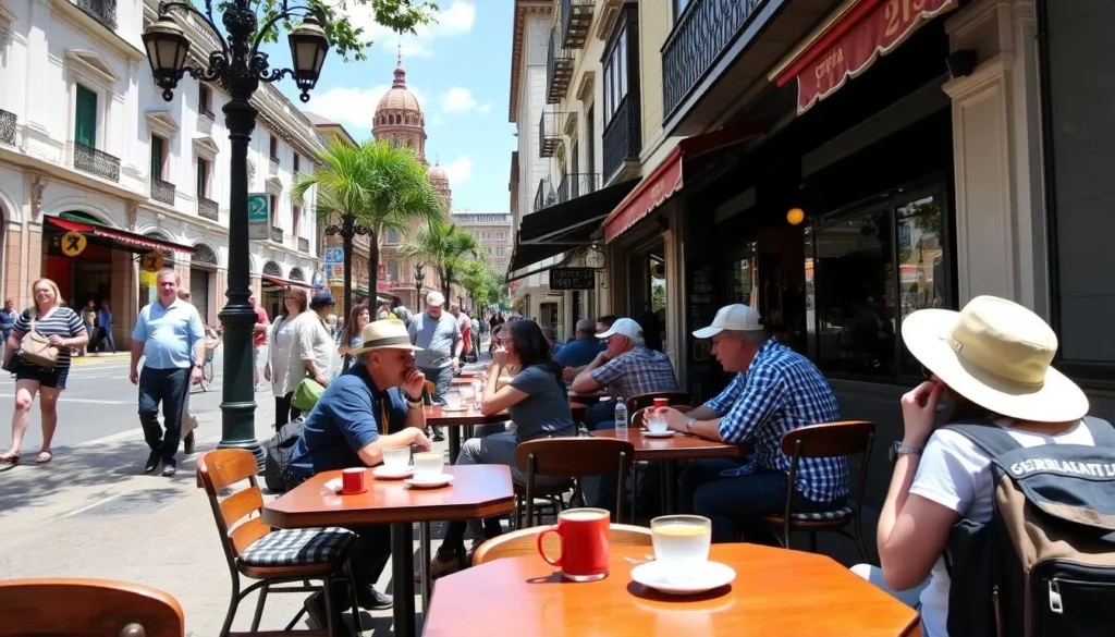 Travelers enjoying coffee at an outdoor café on Carrera 23 in downtown Manizales