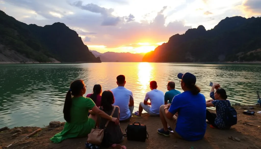 Travelers enjoying sunset at Nong Fa Lake after a day of exploration