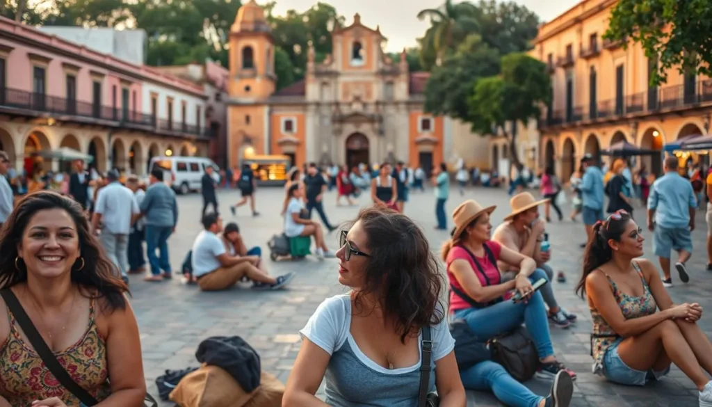 Travelers enjoying the peaceful atmosphere of Tlalmanalco's main plaza with the church in the background