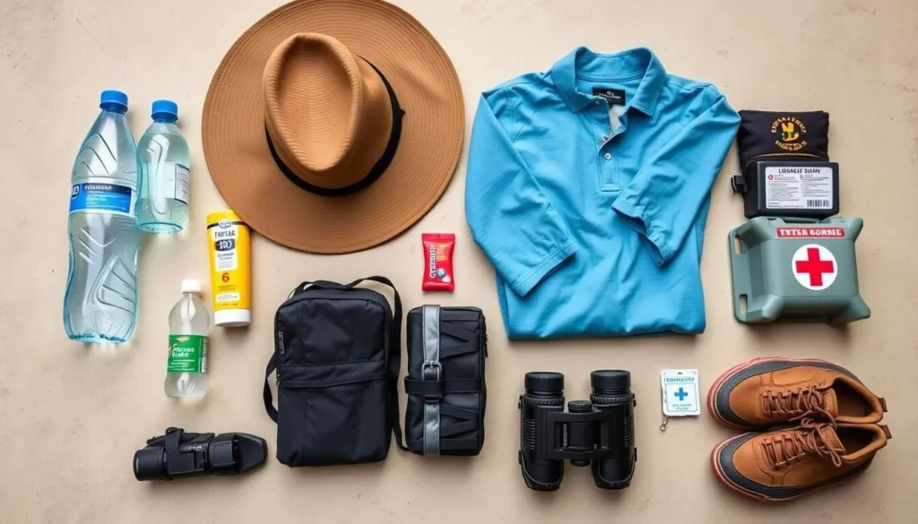 Traveler's essential gear for visiting Mikea National Park including water bottles, sun protection, and appropriate clothing