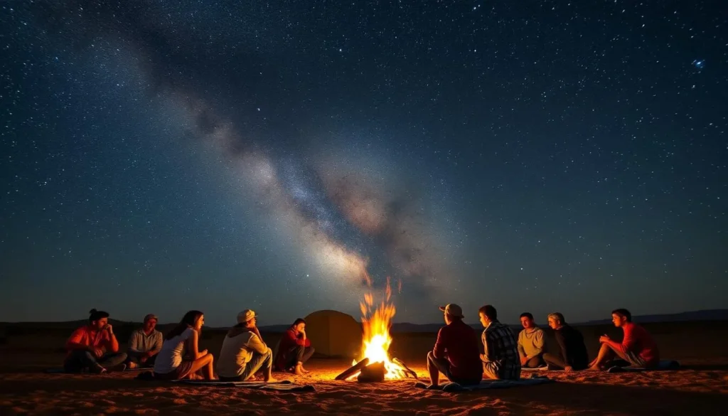 Travelers gathered around a campfire under the star-filled night sky in Iriqui National Park