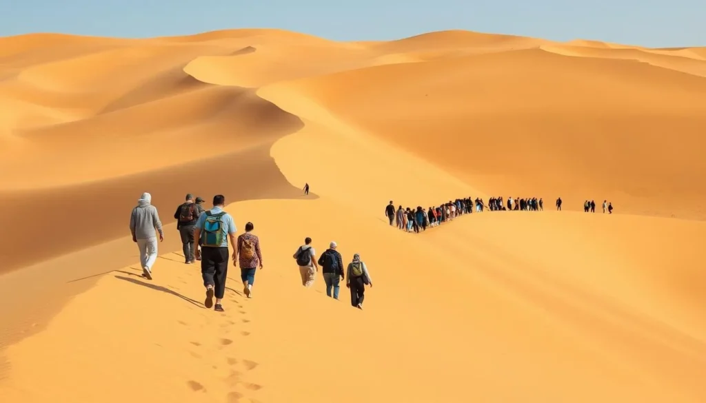 Travelers hiking along the ridge of a massive sand dune in Erg Chigaga within Iriqui National Park