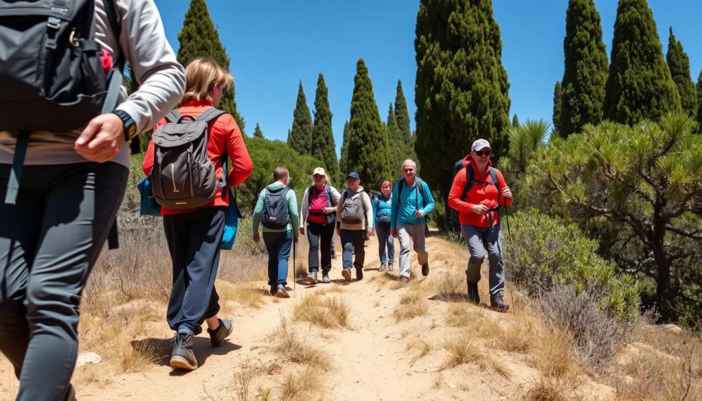 Travelers hiking with proper gear in Ifrane National Park, Morocco