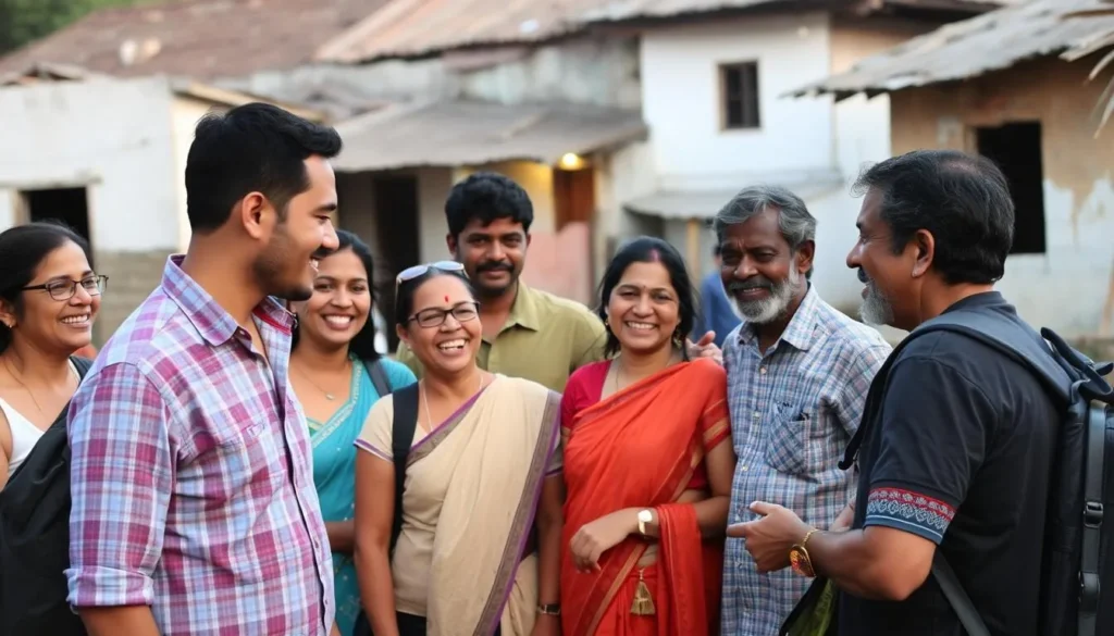 Travelers interacting with friendly locals in a Mannar Island village