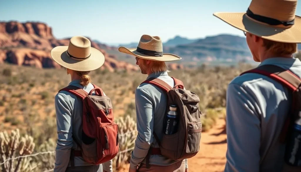 Travelers prepared with water bottles, hats and proper gear for hiking in West MacDonnell National Park, essential for things to do safely