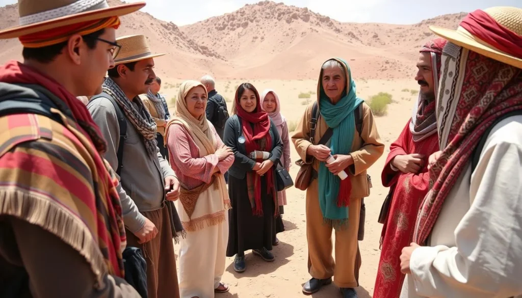 Travelers respectfully interacting with local Berber guides in traditional clothing in Iriqui National Park