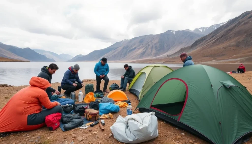 Travelers setting up camp by Lake Khubsugul with camping gear and supplies