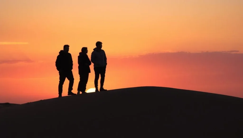 Travelers watching sunset from a dune in Jebil National Park with silhouettes against orange sky