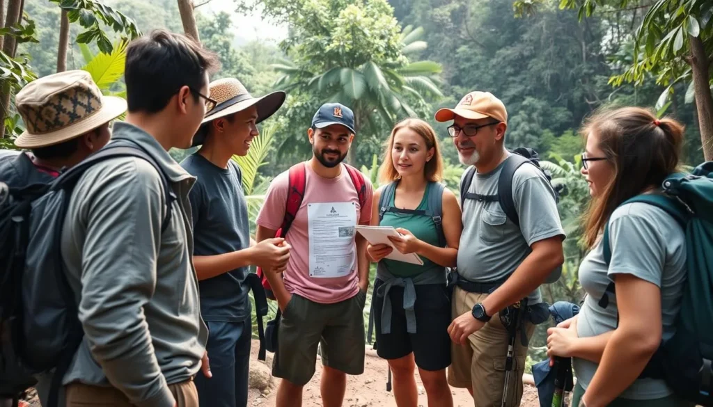 Travelers with guide discussing safety precautions before a rainforest hike in Masoala Travelers with guide discussing safety precautions before a rainforest hike in Masoala