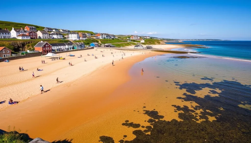 Trearddur Bay beach on Anglesey Island with golden sands and clear blue water