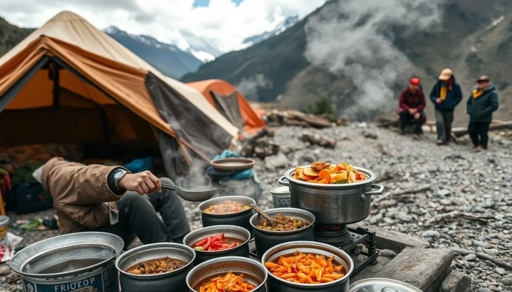 Trek cook preparing traditional Bhutanese meal at a campsite near Raphstreng Tsho
