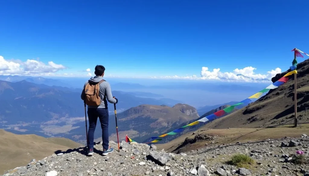 Trekker crossing Nachungla Pass with views of snow-capped mountains and alpine meadows